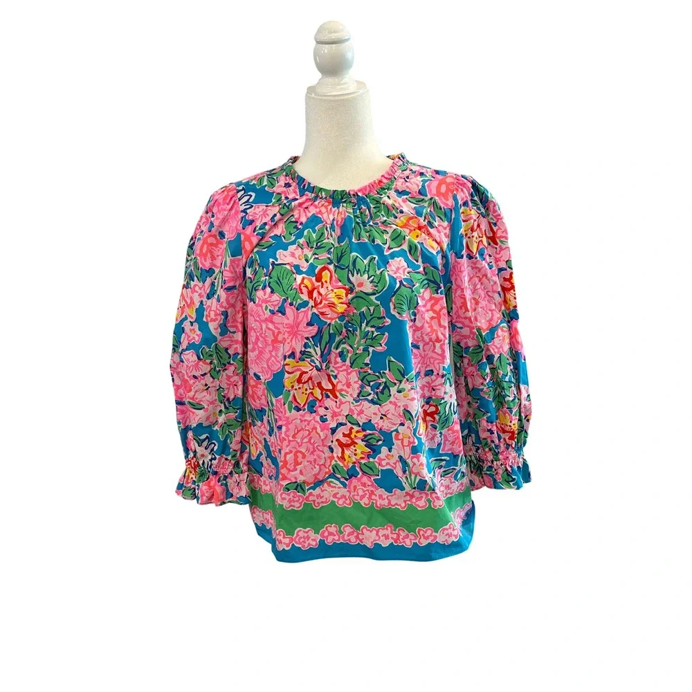 Lilly Pulitzer Blue Pink Floral Cotton Puff Sleeve Blouse Top M 008109